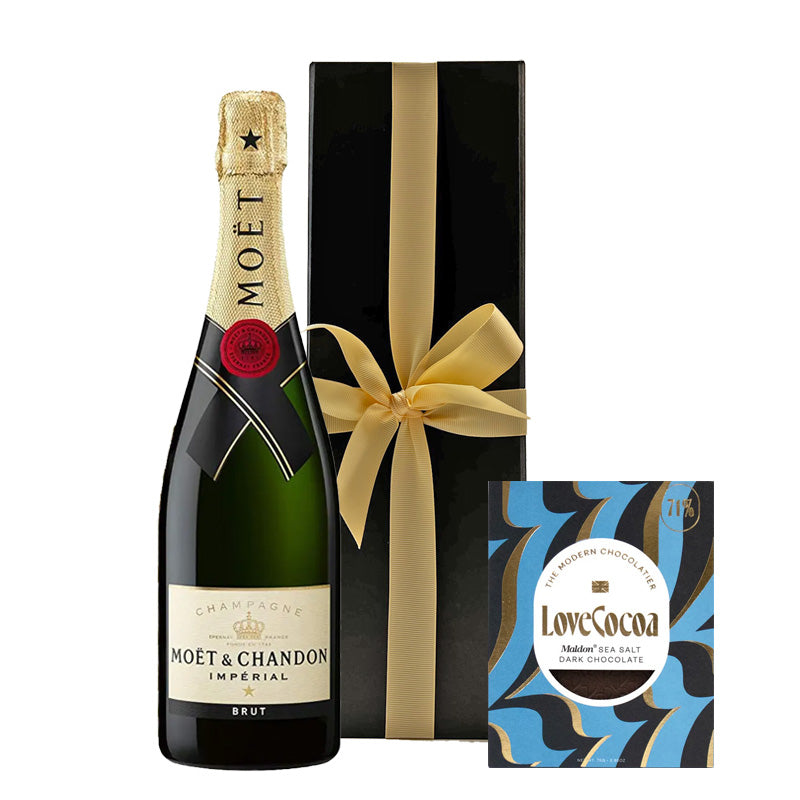 Moët & Chandon Brut Impérial Champagne with Maldon Sea Salt Chocolate in Black Gift Box
