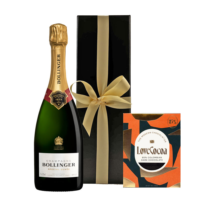 Bollinger Special Cuvée Champagne with 85% Colombian Dark Chocolate in Black Gift Box