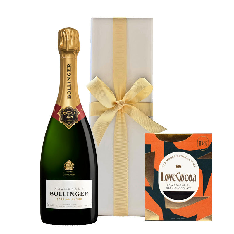 Bollinger Special Cuvée Champagne with 85% Colombian Dark Chocolate in White Gift Box