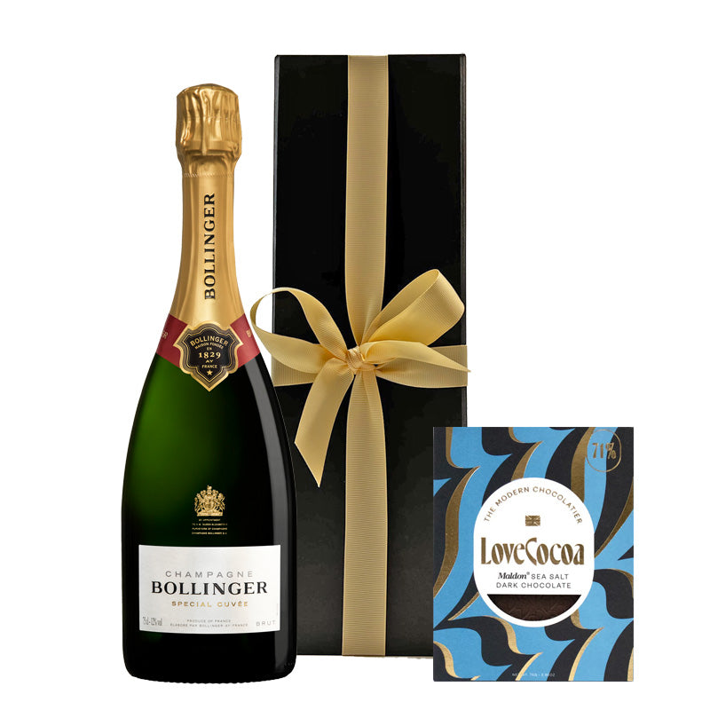 Bollinger Special Cuvée Champagne with Maldon Sea Salt Chocolate in Black Gift Box