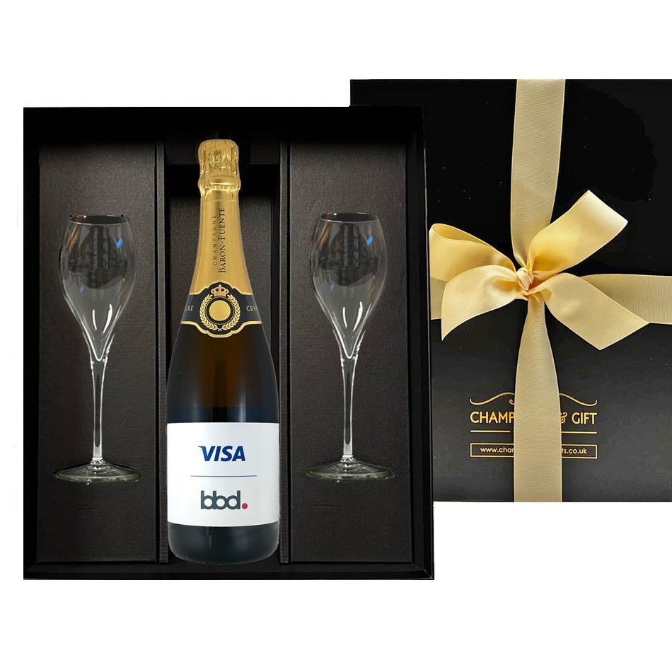 Branded Classic Cuvée Champagne with Flutes in Black Gift Box
