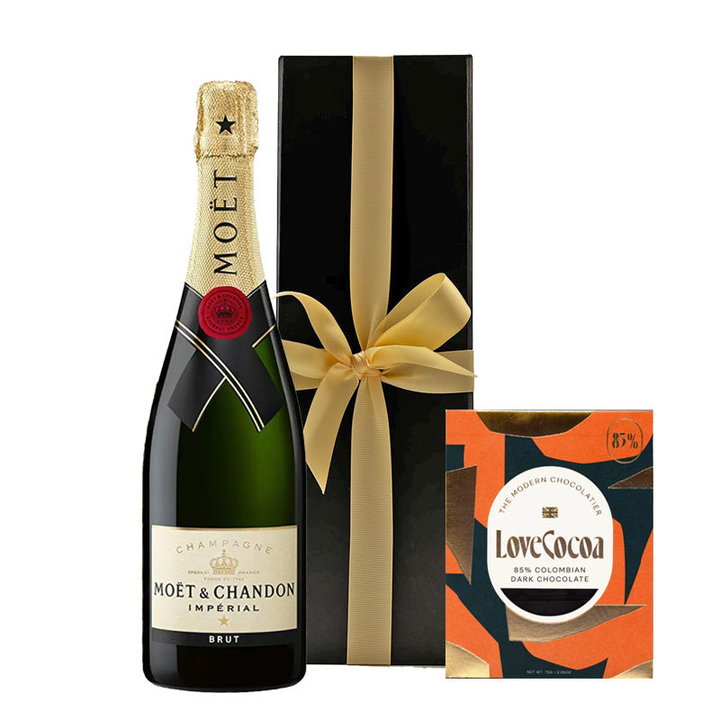 Moët & Chandon Brut Impérial Champagne with 85% Colombian Dark Chocolate in Black Gift Box