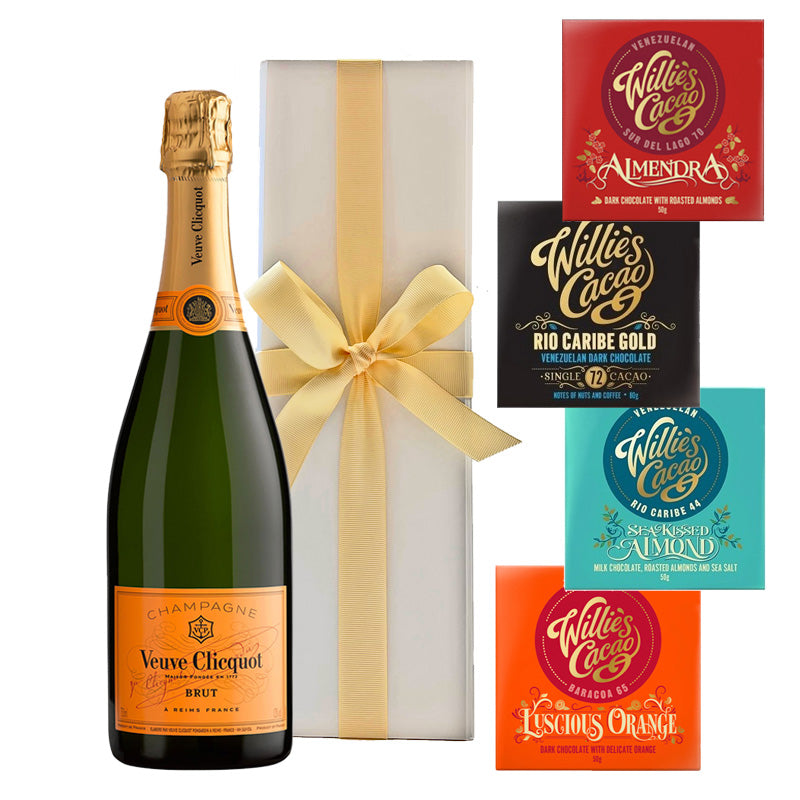 Veuve Clicquot Yellow Label Brut Champagne with 4 x Artisan Willie’s Chocolates in White Gift Box