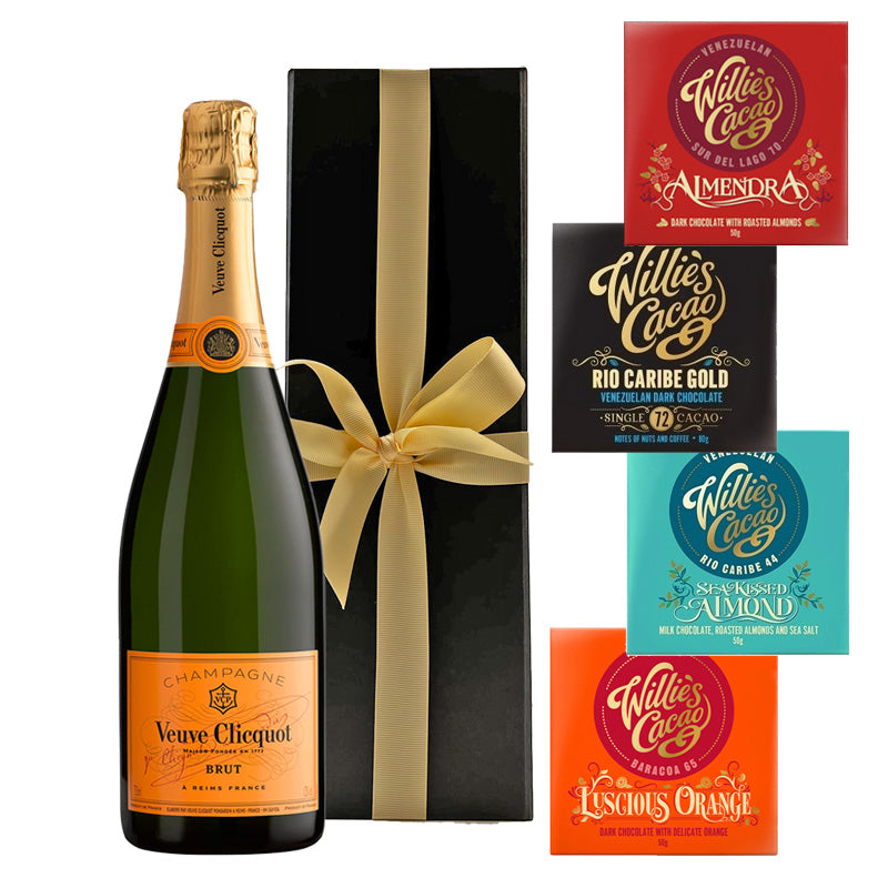 Veuve Clicquot Yellow Label Brut Champagne with 4 x Artisan Willie’s Chocolates in Black Gift Box