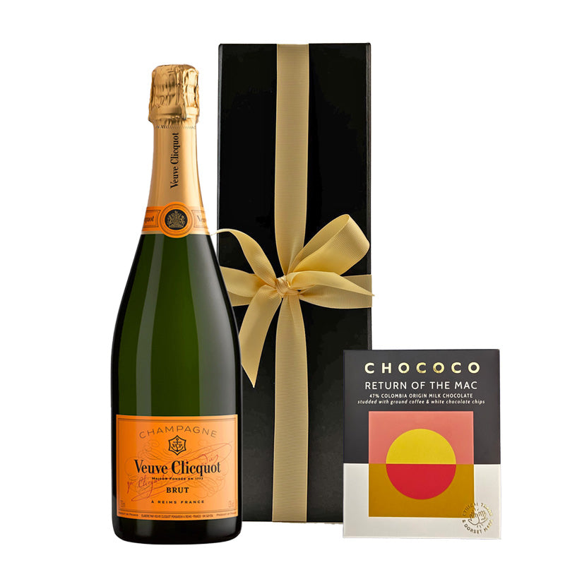 Veuve Clicquot Yellow Label Brut Champagne with Colombian Crushed Coffee Chocolate in Black Gift Box
