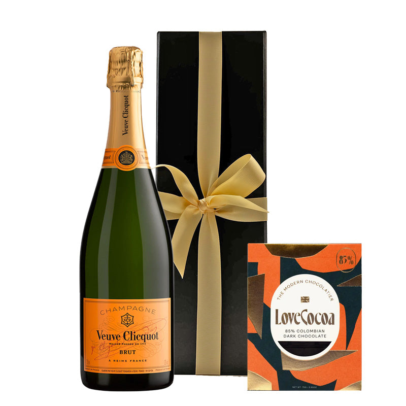 Veuve Clicquot Yellow Label Brut Champagne with 85% Colombian Dark Chocolate in Black Gift Box