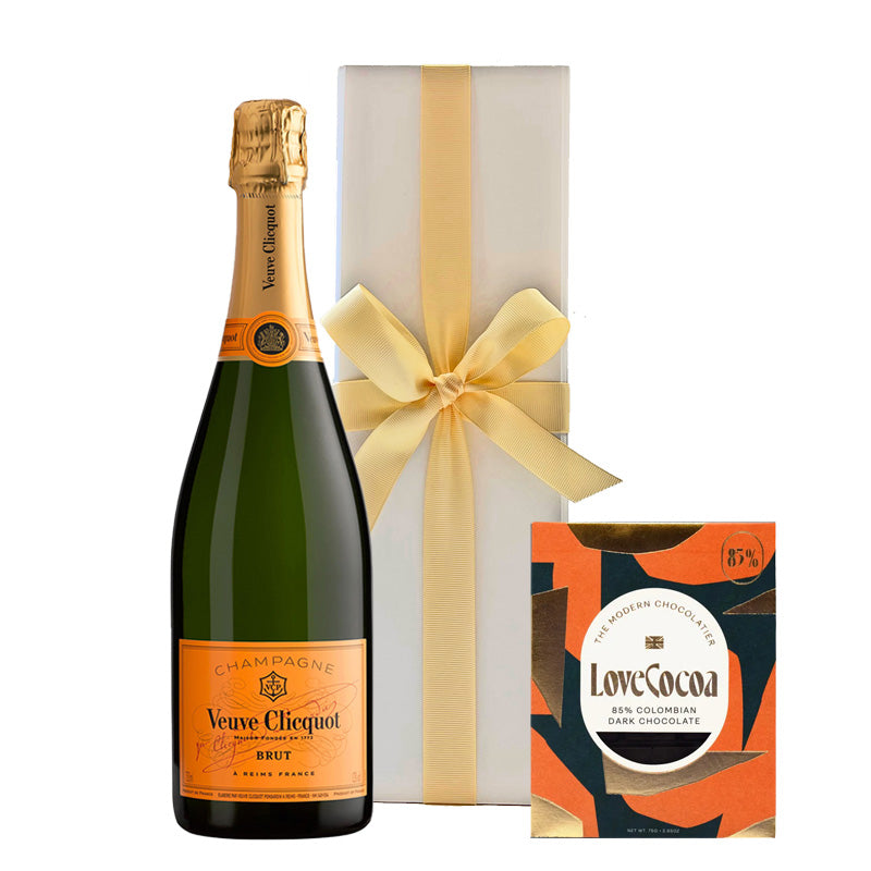 Veuve Clicquot Yellow Label Brut Champagne with 85% Colombian Dark Chocolate in White Gift Box