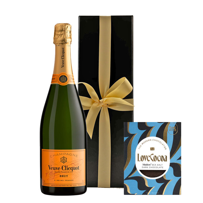 Veuve Clicquot Yellow Label Brut Champagne with Maldon Sea Salt Chocolate in Black Gift Box