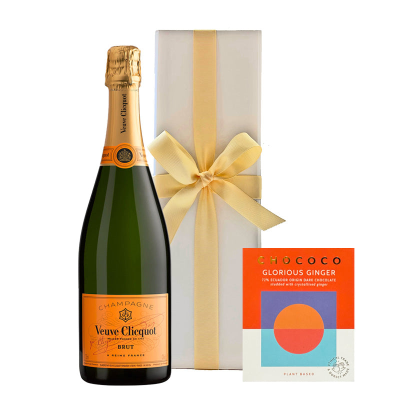 Veuve Clicquot Yellow Label Brut Champagne with Glorious Ginger Dark Chocolate in White Gift Box
